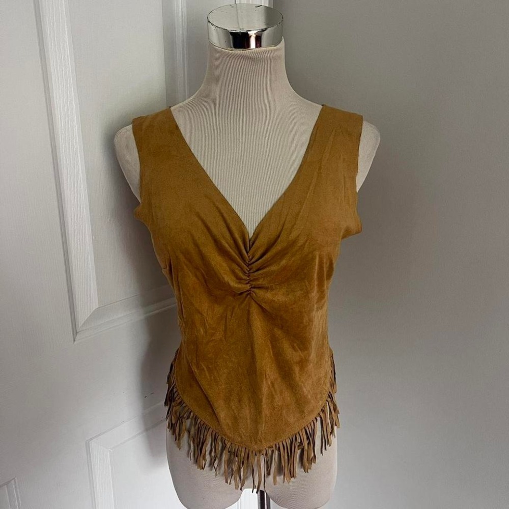 Y2K TAN‎ VIXEN ASYMMETRICAL FRINGE TANK TOP